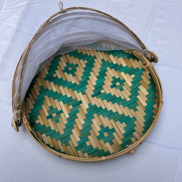 Hand Woven Bamboo Food Serving Tent w/Mesh Cover Teal Aztec - Picture 4 of 8
